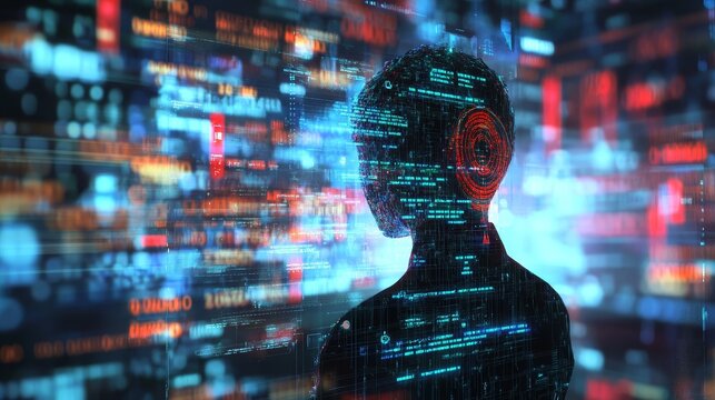 Silhouette of a person with digital code overlay futuristic and abstract.