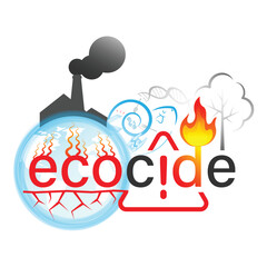 Creative "Ecocide" concept illustration showing environmental destruction with symbols of pollution, deforestation, global warming, and wildlife loss. Ideal for eco-awareness projects.