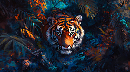 A majestic tiger navigating through vibrant foliage illuminated by dramatic lighting and colors, creating an enchanting atmosphere. Silent Surf. Illustration