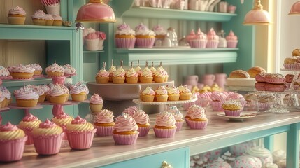 A bakery kitchen filled with cupcakes, cookies, and pastries, all beautifully arranged.