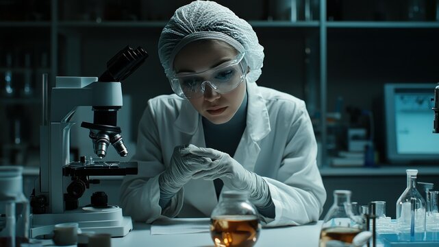 Scientist in lab coat examining sample under a microscope in a laboratory.