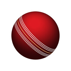 red cricket ball with intricate white and yellow stitching patterns. The stitching is arranged in three parallel curved lines wrapping around the ball, showcasing its distinct design and relevance to 