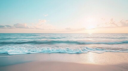 Fototapeta premium Serene sunset over a tranquil ocean beach with gentle waves lapping the soft sand creating a peaceful and idyllic coastal scene perfect for relaxation and summer vacation dreams.