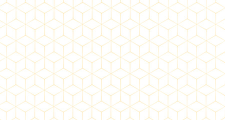 Luxury geometric pattern of interconnected hexagons and cubes, created by thin gold lines on a white background. 