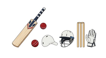 Cricket gear vector featuring bat, ball, stumps, helmet, and gloves neatly arranged on white background"