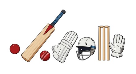 Cricket gear vector featuring bat, ball, stumps, helmet, and gloves neatly arranged on white background"