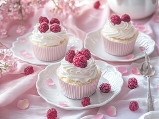 Delightful Raspberry Cupcakes on Elegant Tablecloth with Flower Petals Home Food Photography Cozy Close-Up Sweet Treats