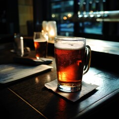 Refreshing drink at the bar on a dark table top with subtle lighting