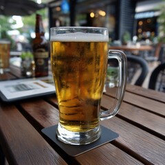 Chilled refreshment: frosty mug of beer on a wooden patio table.