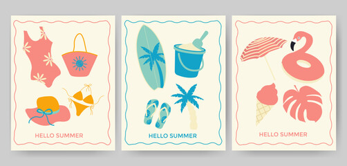 Fototapeta premium Set of vintage greeting cards for summer. Hand drawn frames with flamingos, ice cream, pineapple, tropic leaves, cocktails, plum tree, watermelon, lemon, beach accessories template for poster, banner