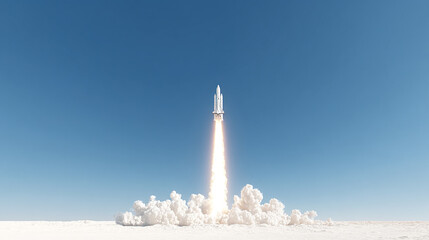 Rocket Launch. A powerful rocket ascends into a clear blue sky,