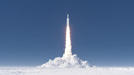 Rocket Launch. A powerful rocket ascends into a clear blue sky,