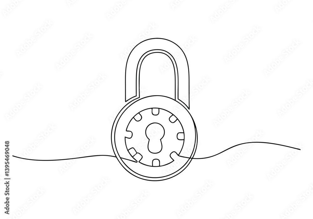 Poster continuous line drawing of a lock in a simple and clean linear vector illustration style