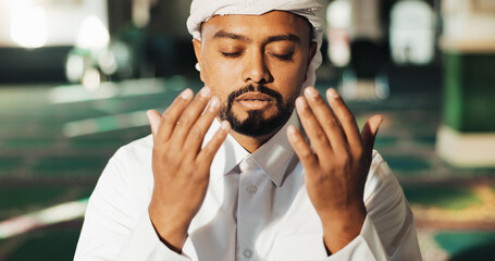 Islamic, man and hands in mosque for prayer, worship and gratitude to Allah for peace in morning....