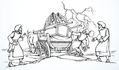Vector drawing. The ark of the covenant being transported on a wooden cart pulled by two oxens