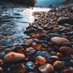 Colorful pebbles glisten by a riverbank, washed by flowing water.