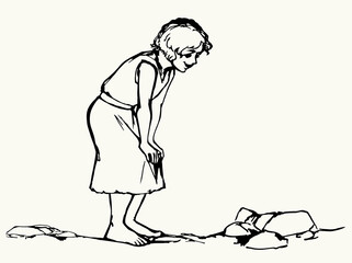 Vector illustration. Boy bowing to look at stones