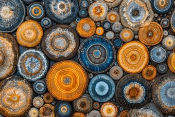 Petrified wood displays intricate concentric rings that exhibit vibrant shades of orange, brown, and grey, demonstrating nature's artistic prowess