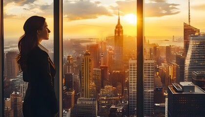 Empowered business woman overlooking new york city at sunset professional environment inspirational viewpoint urban concept