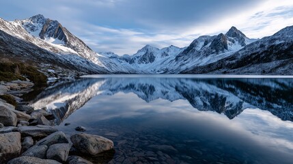 Snow-covered mountains reflect in a pristine lake at dusk.