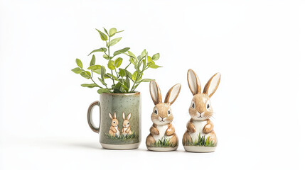 Adorable bunny mug and figurines with greenery create charming display