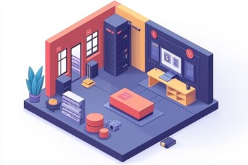 Obraz premium Modern Isometric Office Space with Technology and Furniture Setup