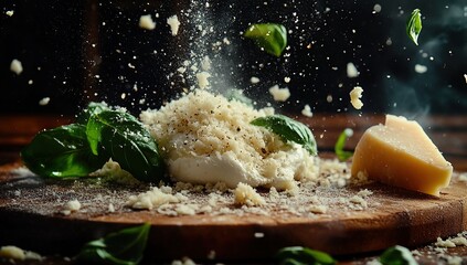 Photo of grated mozzarella on a wooden board with a grater and basil leaves, close-up view.