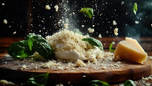 Photo of grated mozzarella on a wooden board with a grater and basil leaves, close-up view.