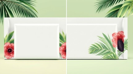 Two white packages decorated with botanical and floral elements