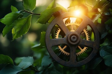 Complex mechanical gears were enveloped in warm sunlight, situated among dense green foliage