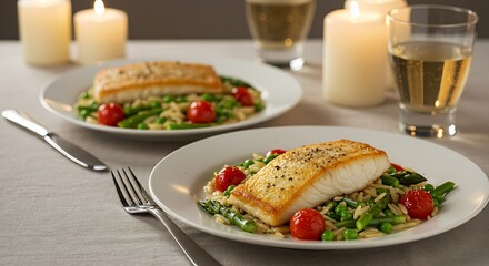 Served Fish Fillet with Asparagus and Pasta Dish