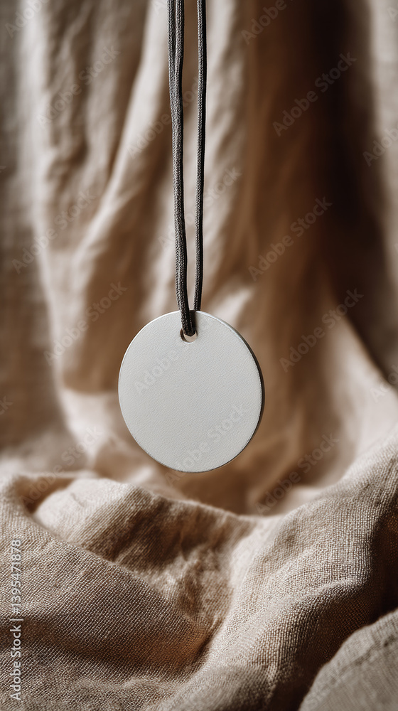 Aufkleber beige fabric backdrop with round white tag hanging on brown cord, showcasing blank space for text or