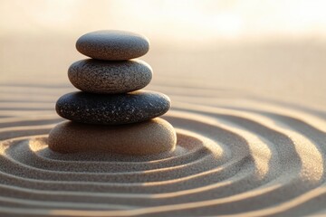 Zen stones balancing on sand creating a peaceful atmosphere at sunset
