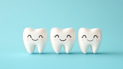 Obraz premium Three happy cartoon teeth on a light blue background. (1)