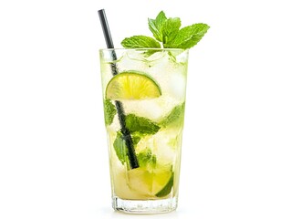 Fototapeta premium Mojito Cocktail in a Highball Glass with Mint and Lime on White Background