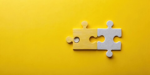 Fototapeta premium Two puzzle pieces interlock on a vibrant yellow background, symbolizing connection and collaboration