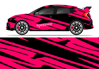 Vibrant pink and black sports car design showcasing dynamic stripes and sleek profile on a clean background
