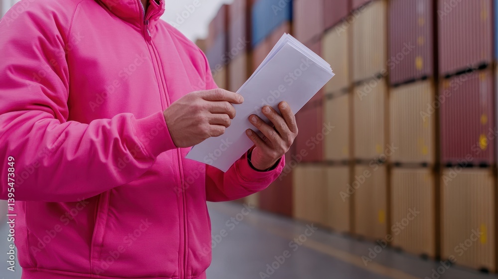 Poster global trader reviewing shipping documents amidst shipping containers, focus on hand adjusting trade