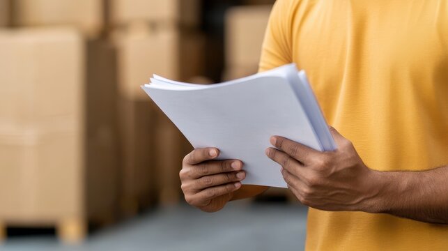 A global trade coordinator meticulously reviews important shipping documents, capturing the essence of international logistics and transportation processes.