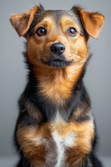 Adorable portrait of a mixed-breed short-haired dog sitting indoors with an expressive gaze, neutral blurred background, ideal for pet companionship, loyalty, and emotional connection themes