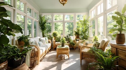 Fototapeta premium sunroom filled with indoor plants, wicker furniture, and soft filtered daylight