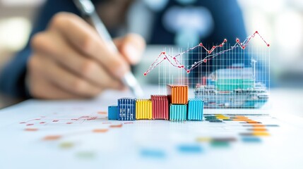 Logistics professional analyzing shipping rates and agreements, highlighting container shipments and trade trends through data visualization.