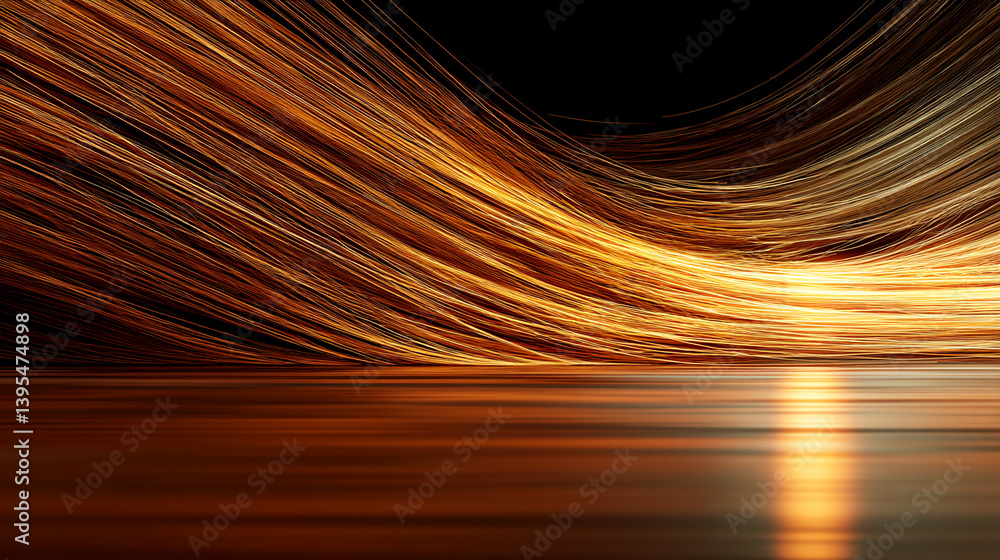 Poster abstract image of flowing, golden strands against a black background, creating a dynamic and luxurio