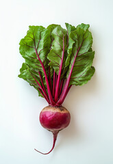 Fresh organic beetroot with vibrant green leaves and rich purple-red stem, isolated on white background, perfect for healthy food, vegetarian diet, and farm-to-table concepts