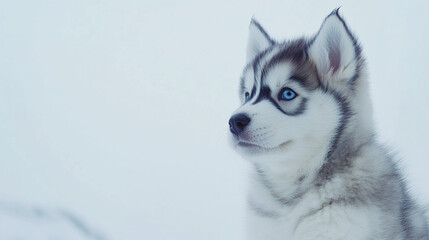 Fototapeta premium Adorable Siberian Husky Puppy with Blue Eyes in Winter Wonderland