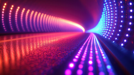 A futuristic highway scene features vibrant pink and blue LED lights lining a dark asphalt road creating a mesmerizing tunnel effect with glowing reflections.
