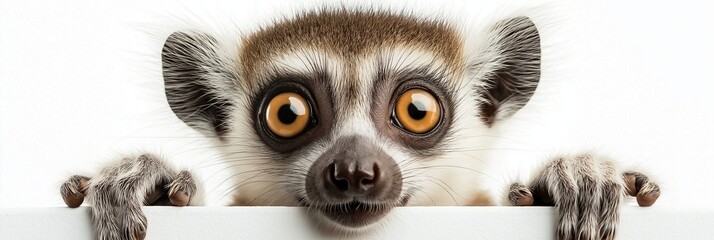 A playful lemur peeks over a white surface, showcasing its lively expression and unique features.