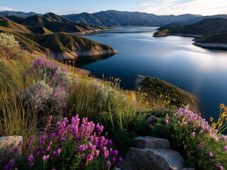 Naklejka premium Lake view from hill with wildflowers and mountains in background