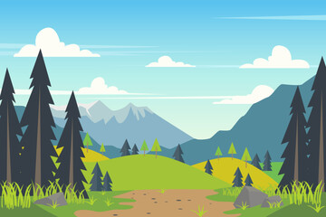 Hiking in the mountains. Vector landscape illustration of a path in the forest leading to the mountains. Pine trees, green grass and high mountains. Cartoon mountain landscape.