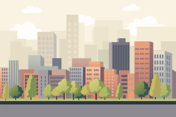 Obraz premium Residential area of ​​a modern city. Sleeping area of ​​a big city against the backdrop of the skyscrapers of a metropolis. Buildings, trees, lawn and sidewalks of the city.